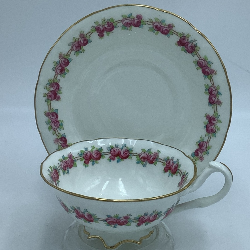 Antique Cauldon England Rose Border Gold Trim Footed China Teacup and Saucer